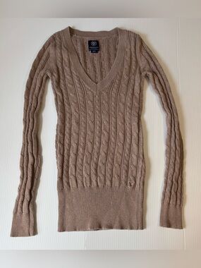 American Eagle Tan Cable Knit V Neck Sweater Preppy Academia Cottagecore Y2K S
